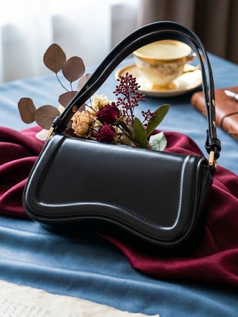 Minimalist Chic Curves Women’s Black Leather Sculpted Max Shoulder Bag